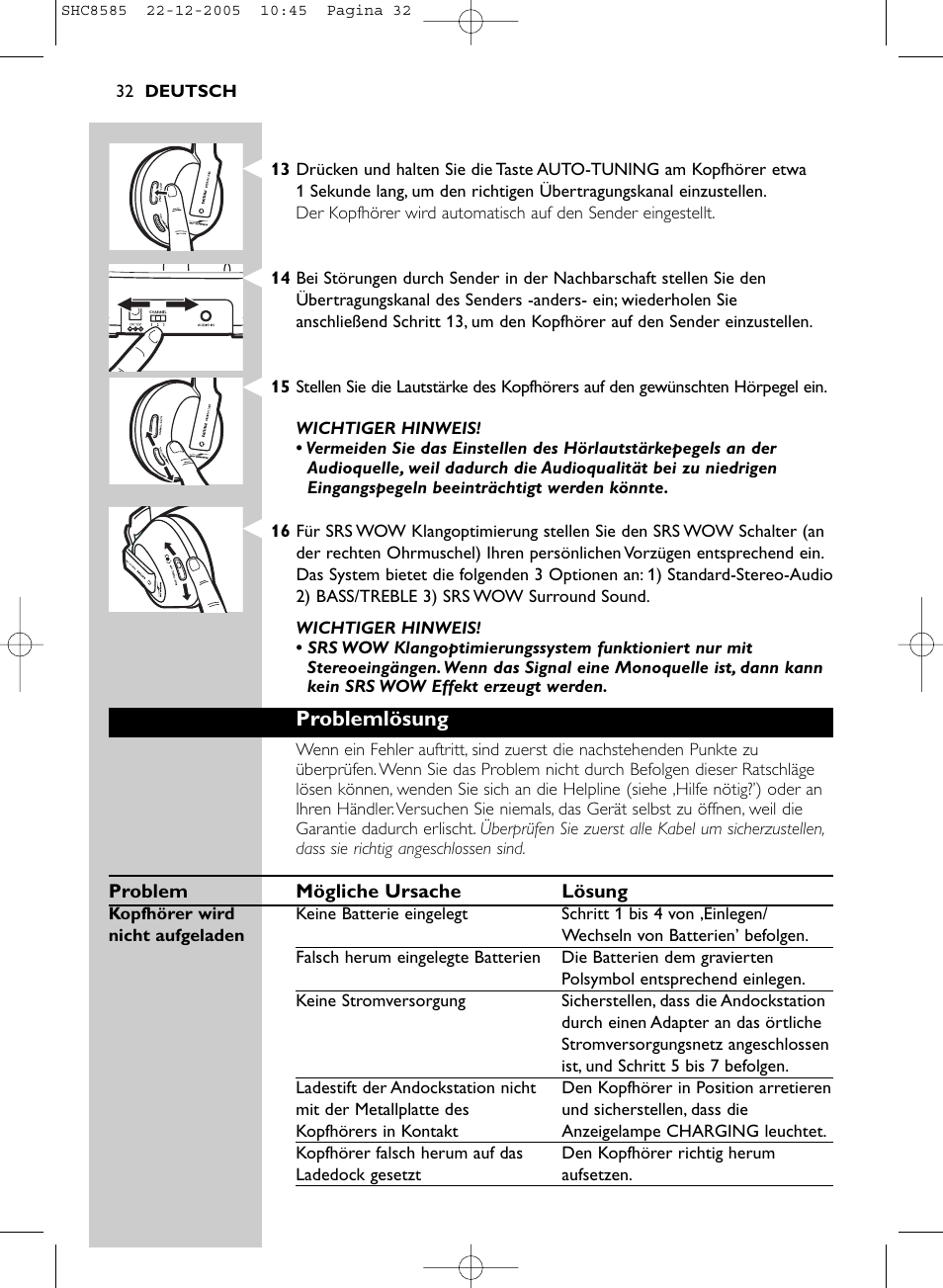 Problemlösung | Philips SHC8585-05 User Manual | Page 32 / 149