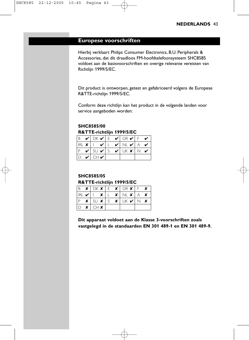 Europese voorschriften | Philips SHC8585-05 User Manual | Page 43 / 149