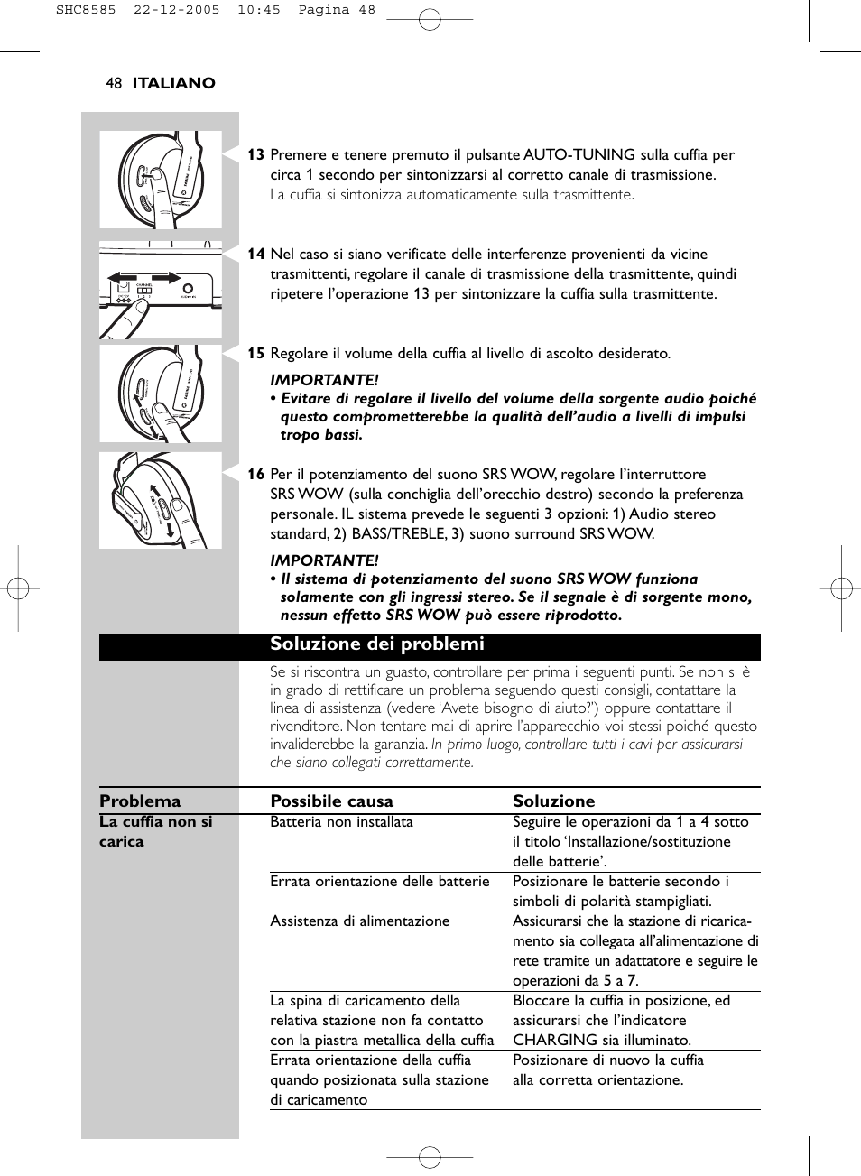 Soluzione dei problemi | Philips SHC8585-05 User Manual | Page 48 / 149