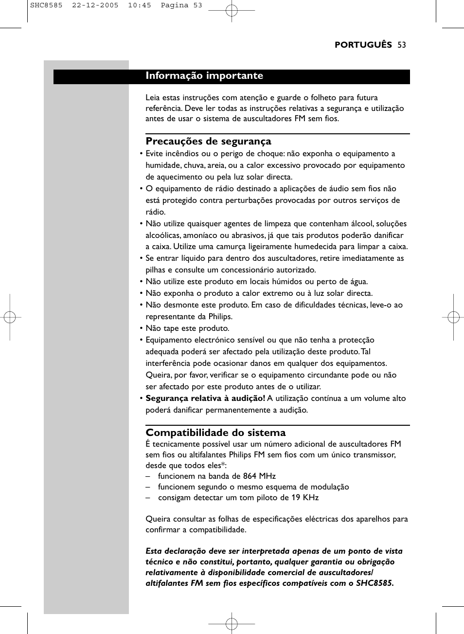 Informação importante, Precauções de segurança, Compatibilidade do sistema | Philips SHC8585-05 User Manual | Page 53 / 149