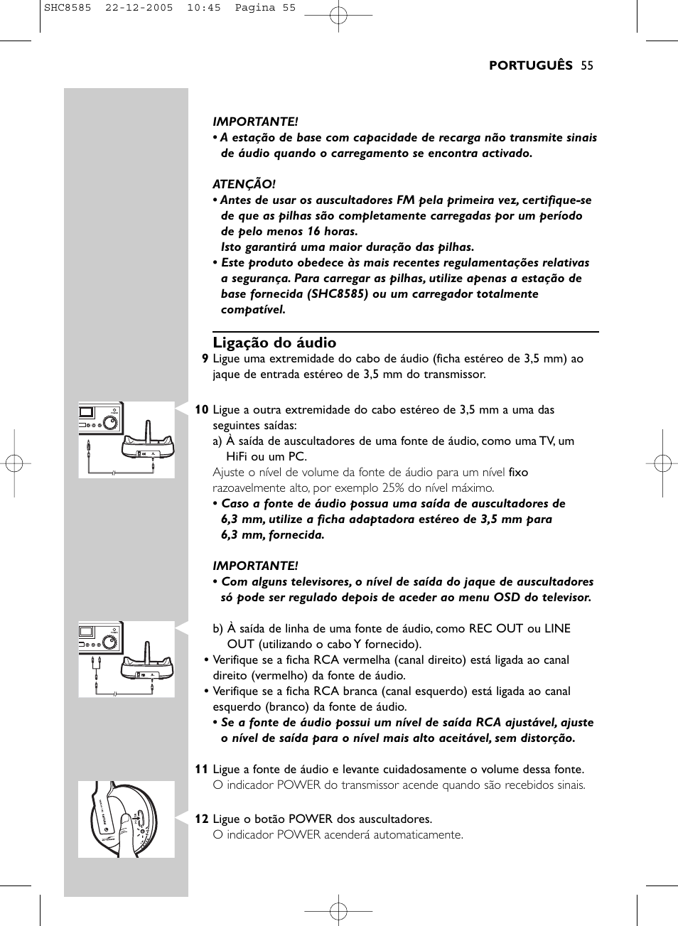 Ligação do áudio | Philips SHC8585-05 User Manual | Page 55 / 149