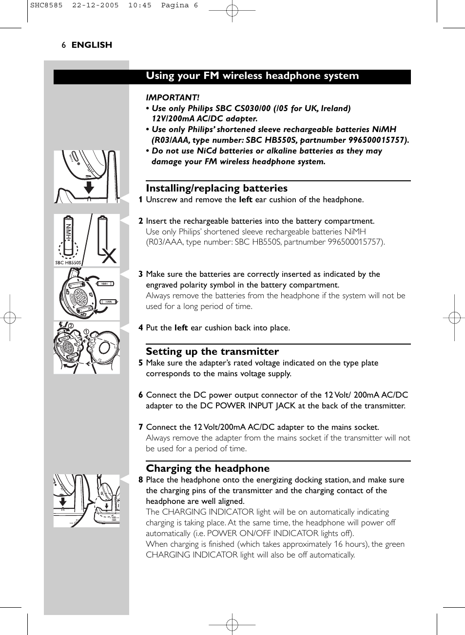 Using your fm wireless headphone system, Installing/replacing batteries, Setting up the transmitter | Charging the headphone | Philips SHC8585-05 User Manual | Page 6 / 149