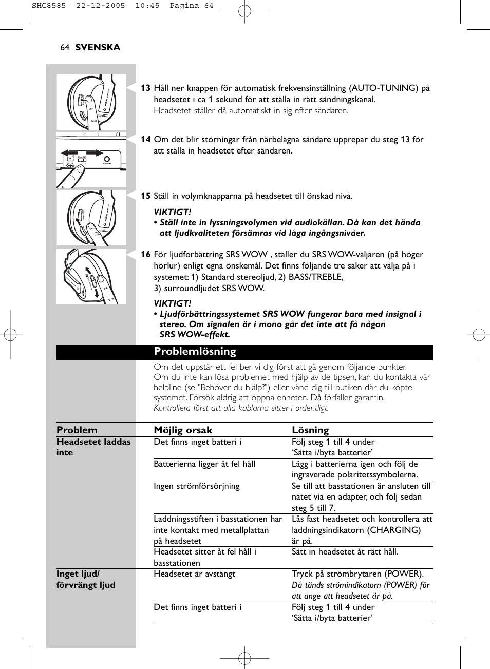 Problemlösning | Philips SHC8585-05 User Manual | Page 64 / 149