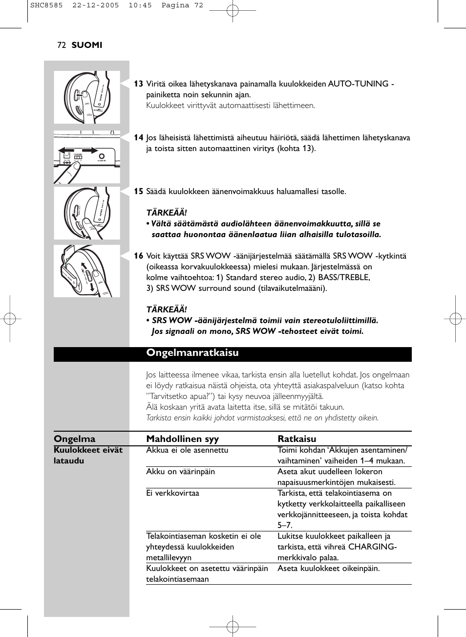 Ongelmanratkaisu | Philips SHC8585-05 User Manual | Page 72 / 149