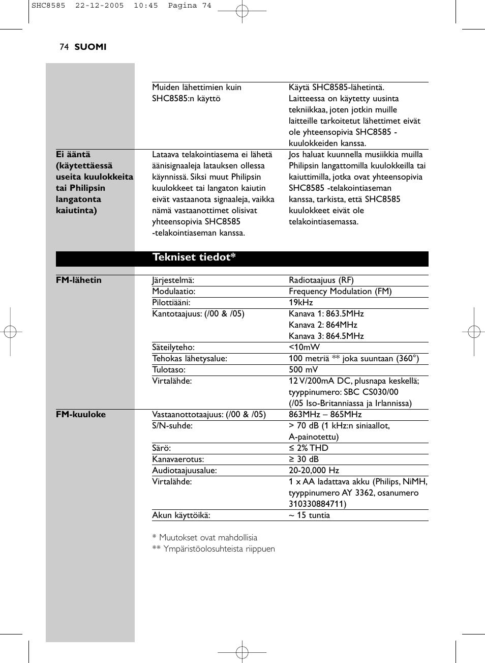 Tekniset tiedot | Philips SHC8585-05 User Manual | Page 74 / 149