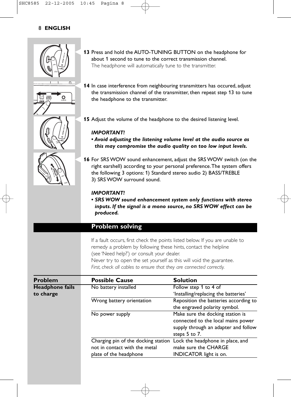 Problem solving | Philips SHC8585-05 User Manual | Page 8 / 149