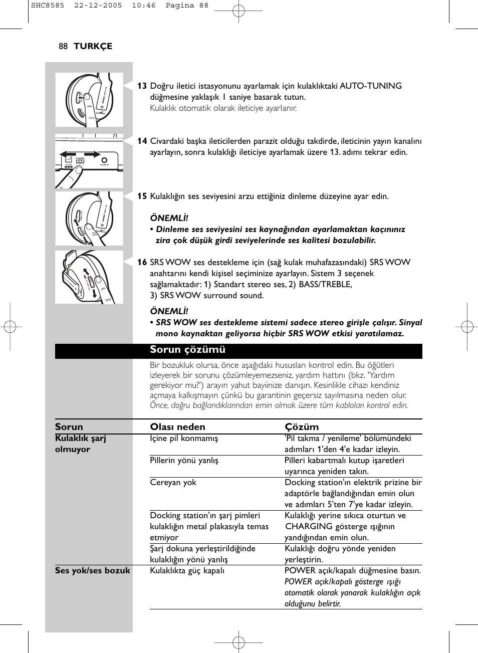 Sorun çözümü | Philips SHC8585-05 User Manual | Page 88 / 149