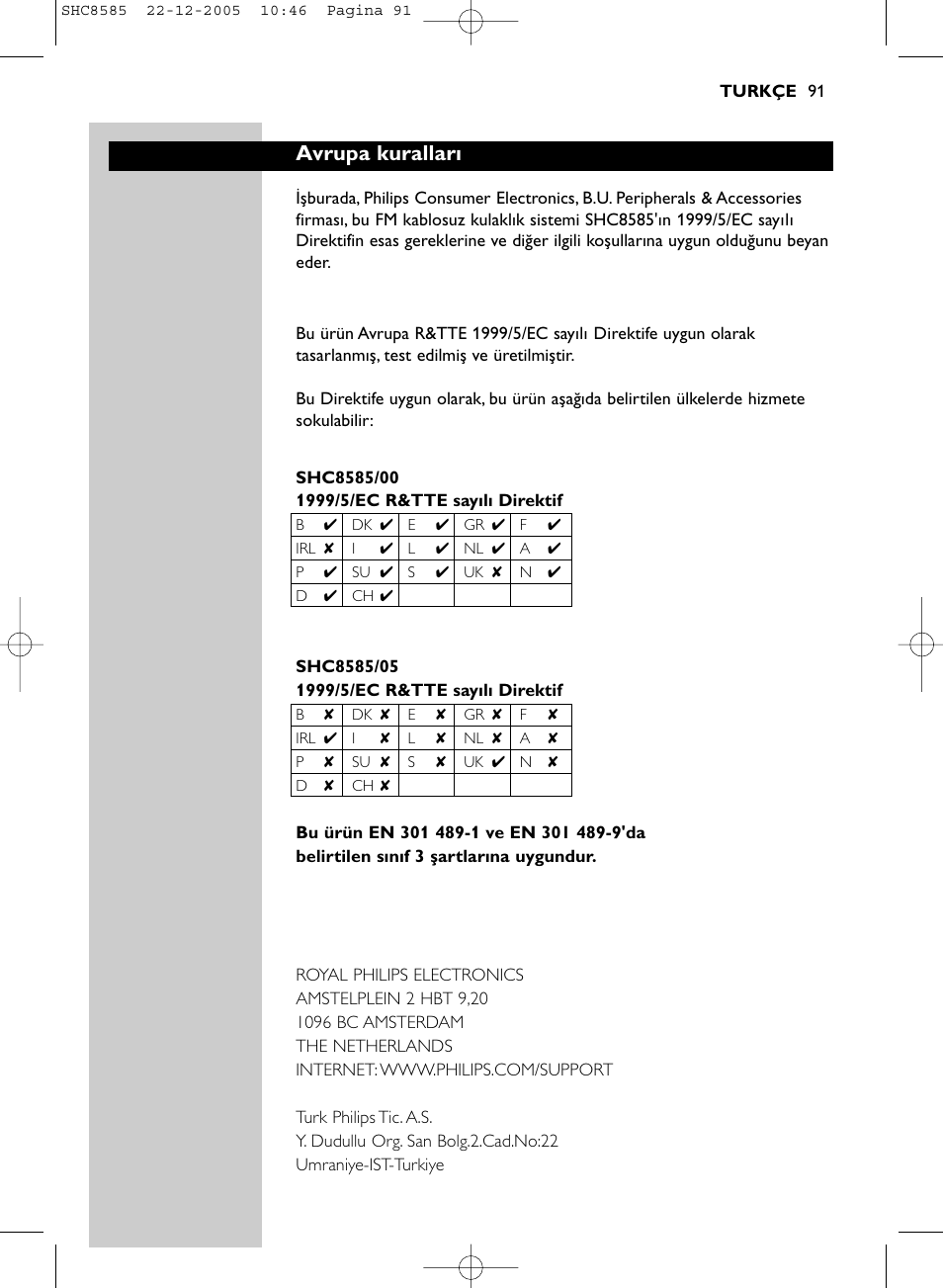 Avrupa kuralları | Philips SHC8585-05 User Manual | Page 91 / 149