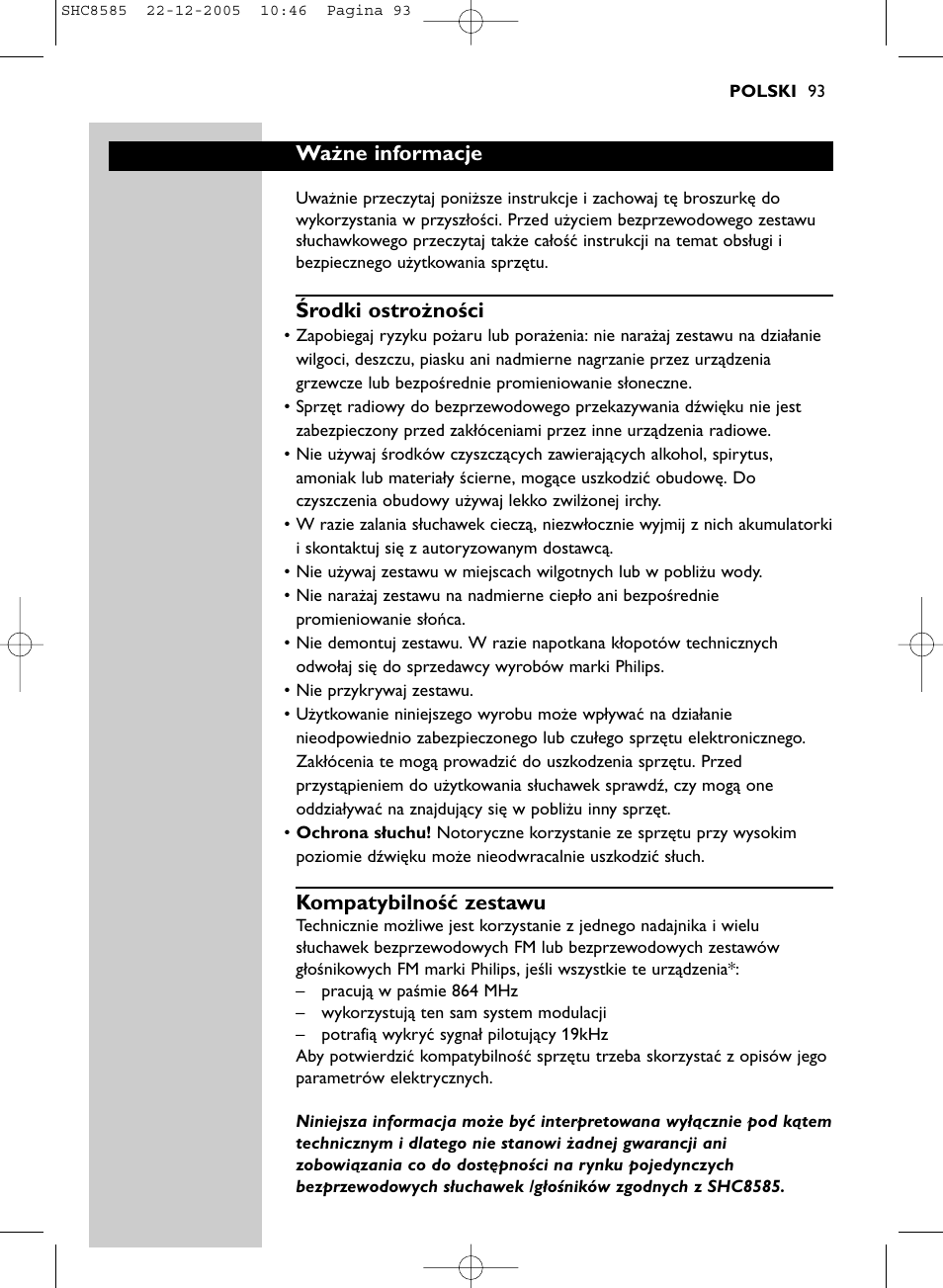 Ważne informacje, Środki ostrożności, Kompatybilność zestawu | Philips SHC8585-05 User Manual | Page 93 / 149