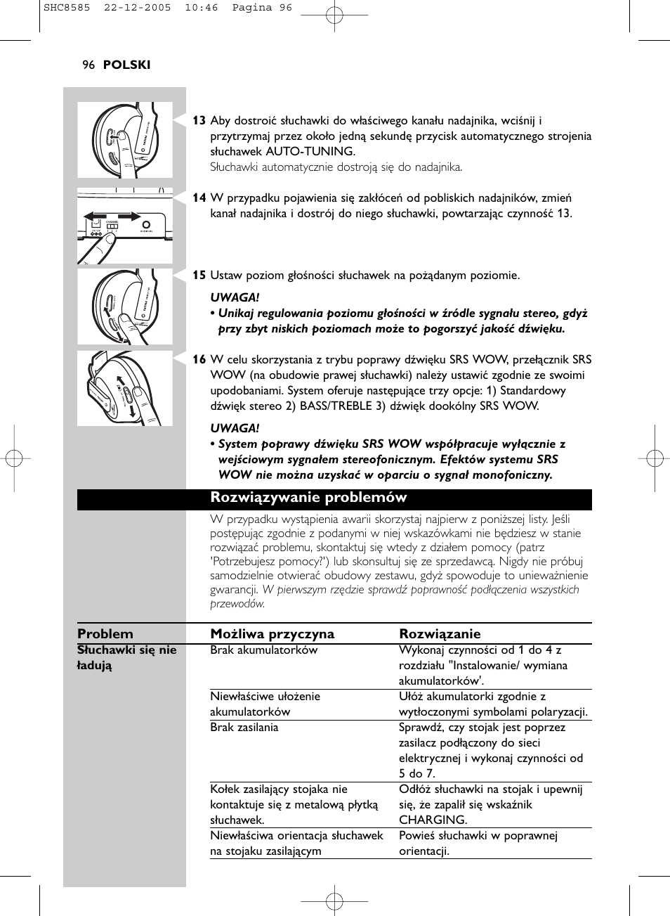 Rozwiązywanie problemów | Philips SHC8585-05 User Manual | Page 96 / 149