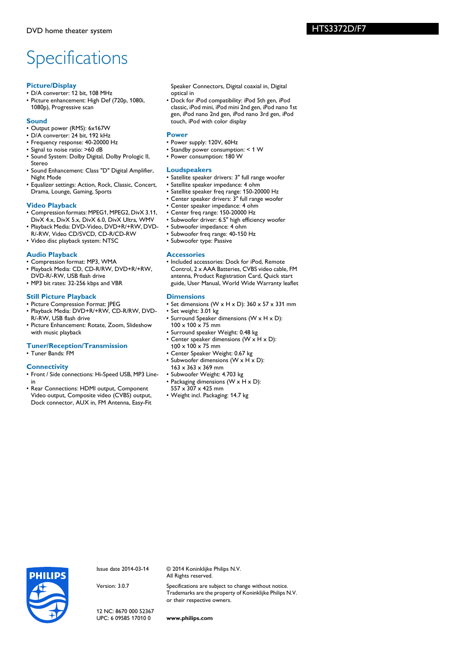 Specifications | Philips HTS3372D-F7 User Manual | Page 3 / 3