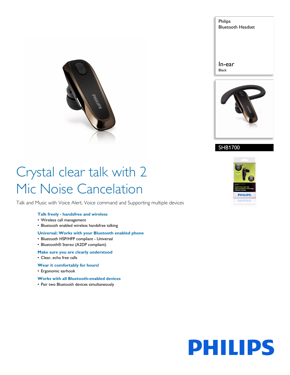 Philips Bluetooth Headset SHB1700 In-ear Black User Manual | 2 pages