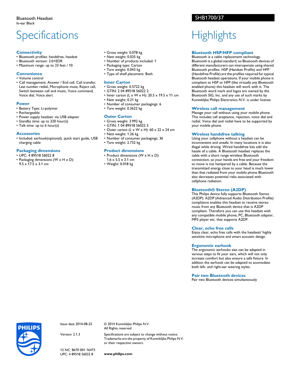 Specifications, Highlights | Philips Bluetooth Headset SHB1700 In-ear Black User Manual | Page 2 / 2