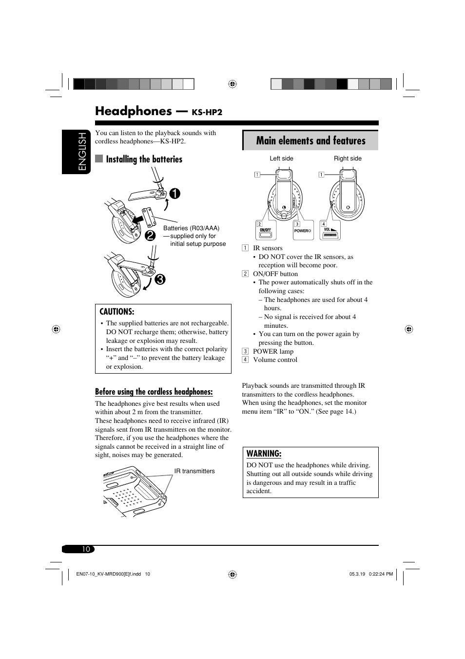 Headphones, Main elements and features, English | Installing the batteries | JVC KV-MRD900 User Manual | Page 10 / 40