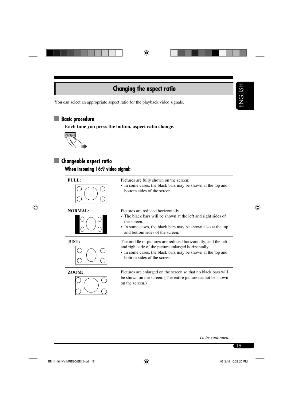 Changing the aspect ratio, English, Basic procedure | Changeable aspect ratio | JVC KV-MRD900 User Manual | Page 15 / 40