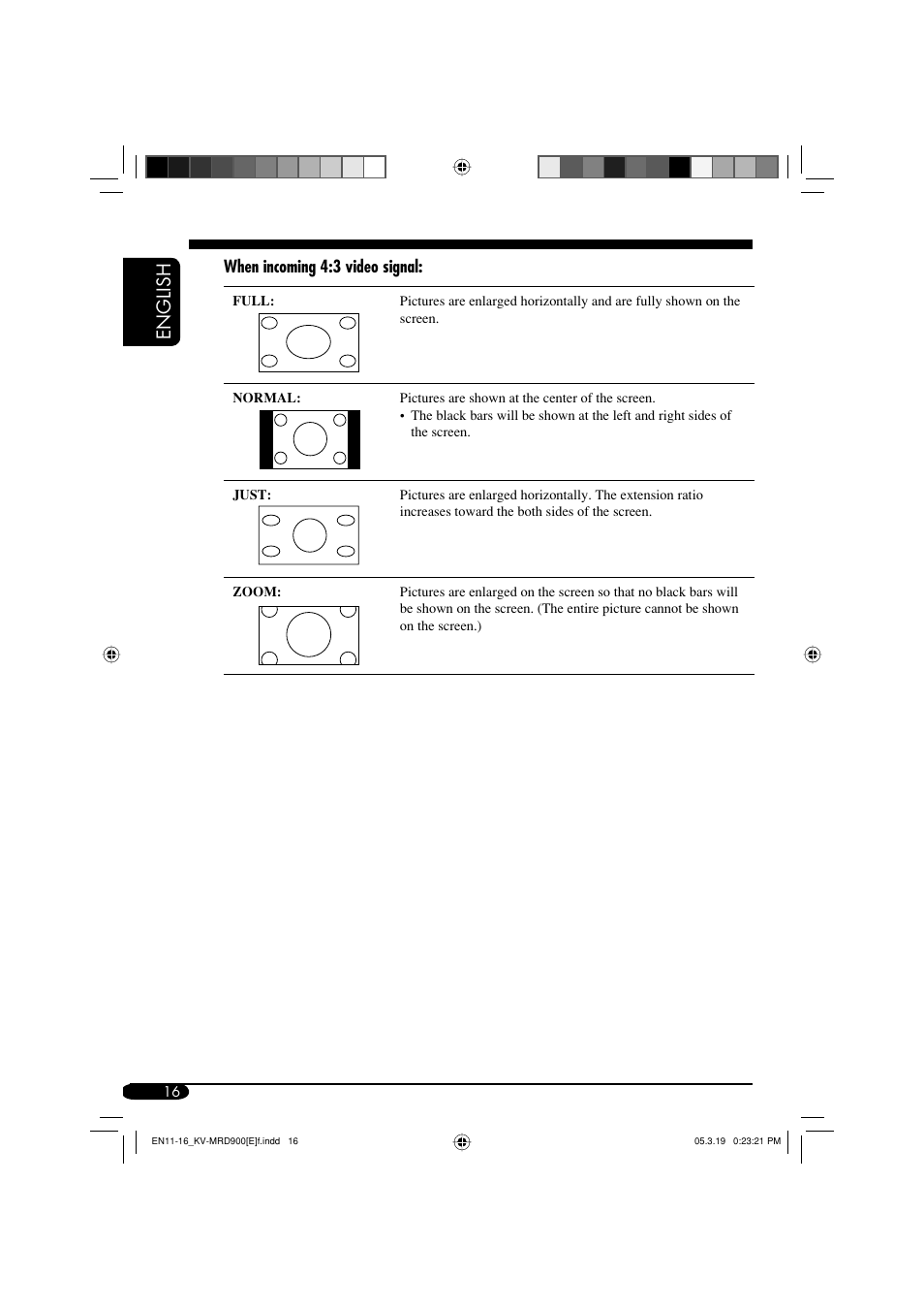 English, When incoming 4:3 video signal | JVC KV-MRD900 User Manual | Page 16 / 40