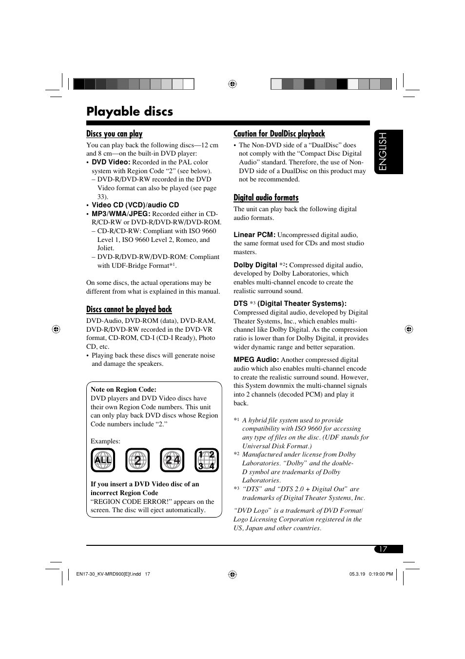 Playable discs, English | JVC KV-MRD900 User Manual | Page 17 / 40