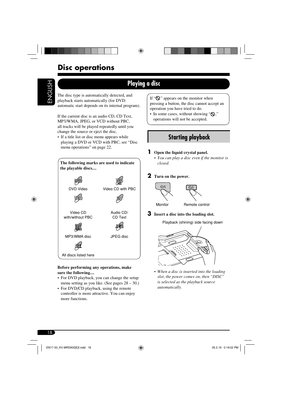 Disc operations, Starting playback, Playing a disc | English | JVC KV-MRD900 User Manual | Page 18 / 40