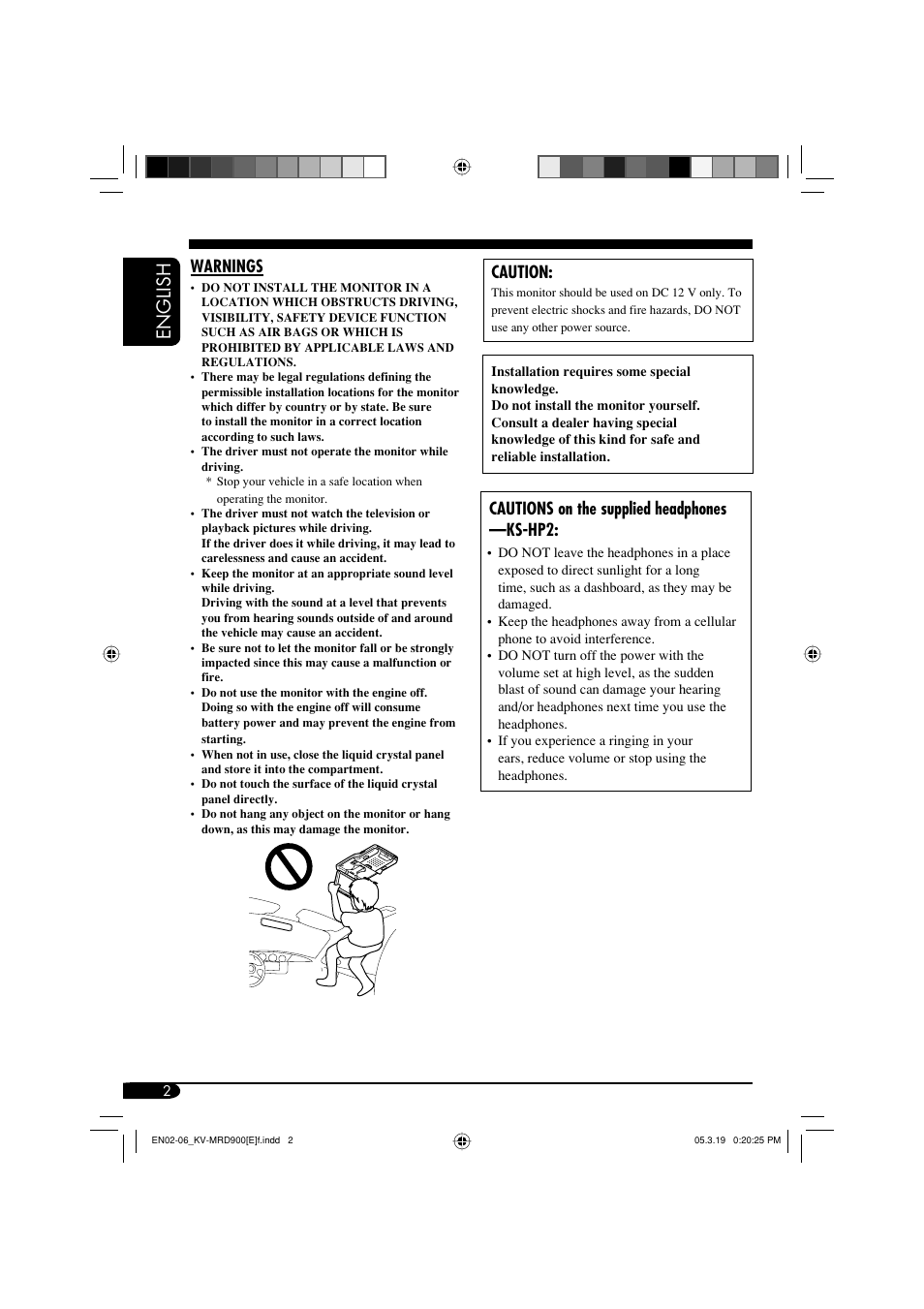 English, Caution, Cautions on the supplied headphones —ks-hp2 | Warnings | JVC KV-MRD900 User Manual | Page 2 / 40