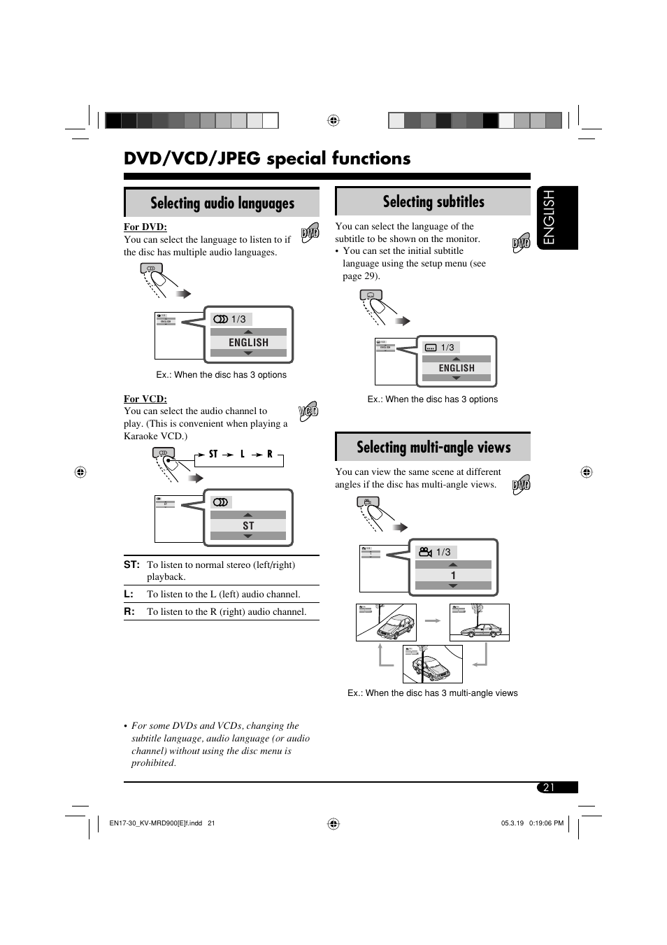 Dvd/vcd/jpeg special functions, Selecting subtitles, Selecting multi-angle views | Selecting audio languages, English | JVC KV-MRD900 User Manual | Page 21 / 40