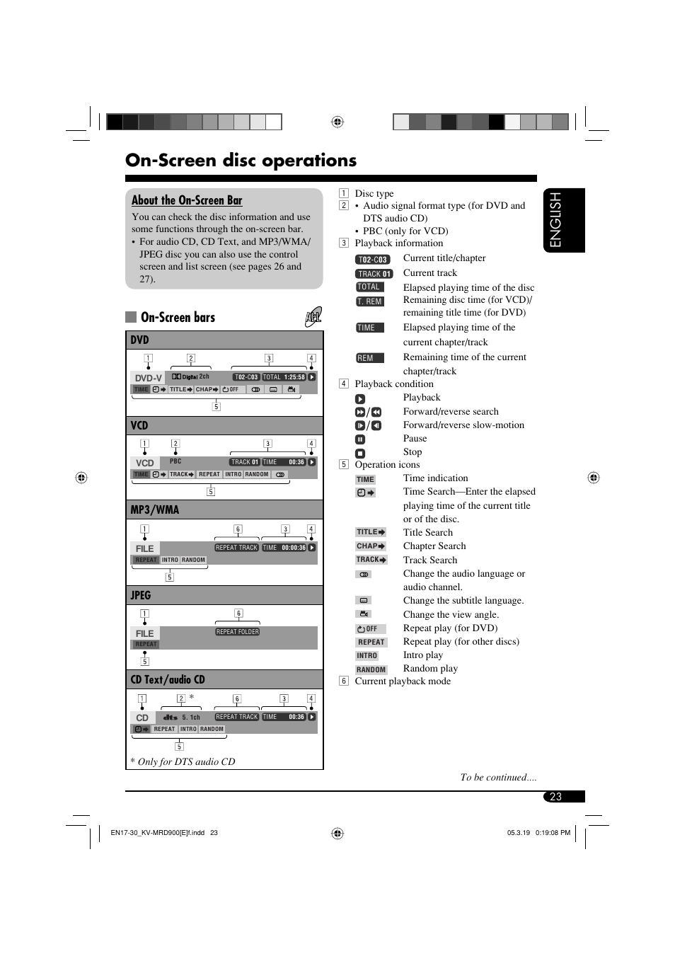 On-screen disc operations, English, On-screen bars | About the on-screen bar, Mp3/wma, Jpeg, Cd text/audio cd | JVC KV-MRD900 User Manual | Page 23 / 40