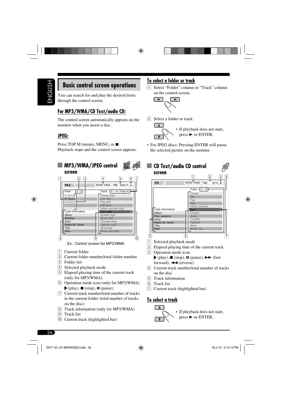 Basic control screen operations, English, Cd text/audio cd control screen | Mp3/wma/jpeg control screen, For mp3/wma/cd text/audio cd, Jpeg | JVC KV-MRD900 User Manual | Page 26 / 40