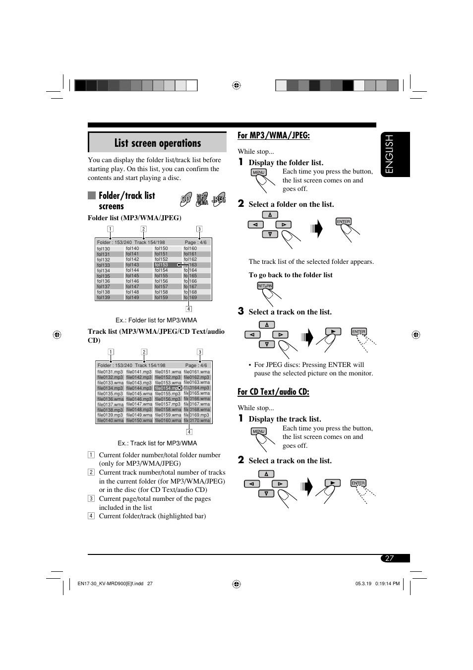 List screen operations, English, Folder/track list screens | JVC KV-MRD900 User Manual | Page 27 / 40