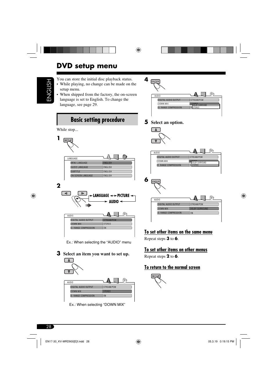 Dvd setup menu, Basic setting procedure, English | Select an item you want to set up, Select an option | JVC KV-MRD900 User Manual | Page 28 / 40