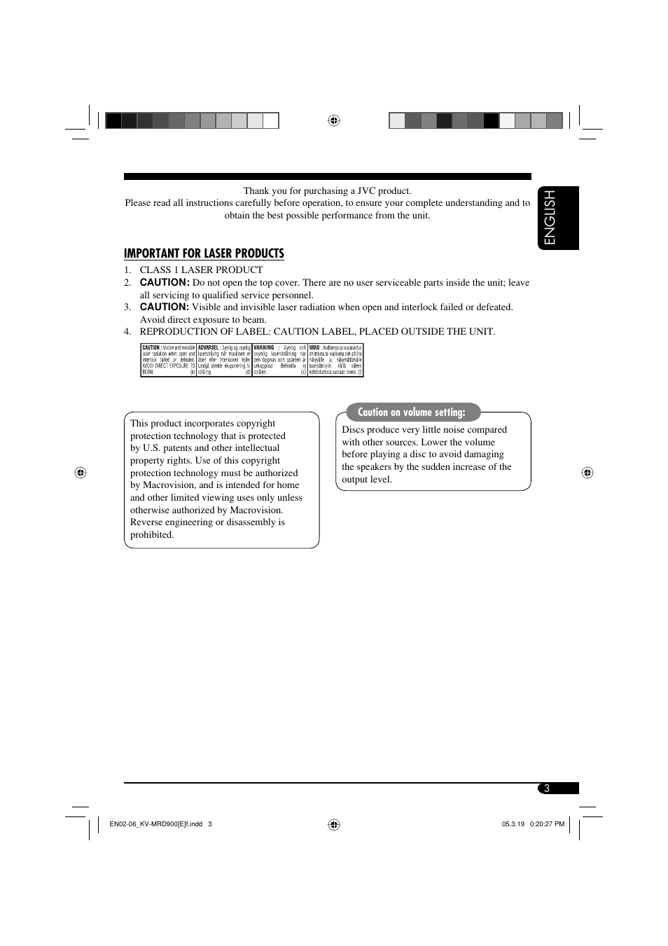 English, Important for laser products | JVC KV-MRD900 User Manual | Page 3 / 40