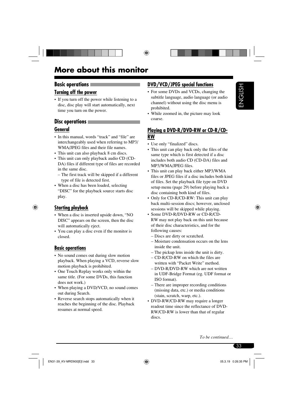 More about this monitor, English, Basic operations | Disc operations | JVC KV-MRD900 User Manual | Page 33 / 40