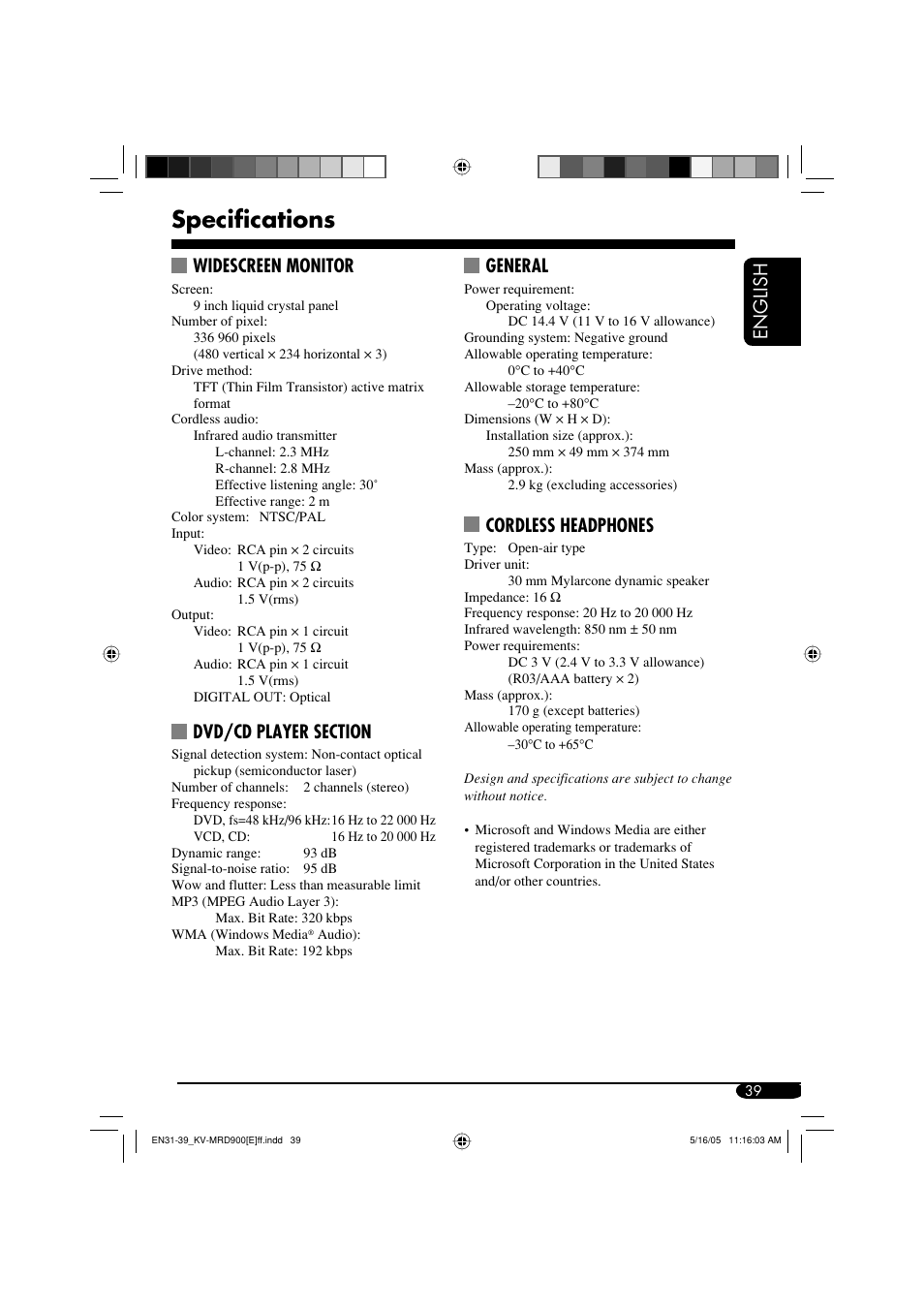 Specifications, English, Widescreen monitor | General, Cordless headphones | JVC KV-MRD900 User Manual | Page 39 / 40