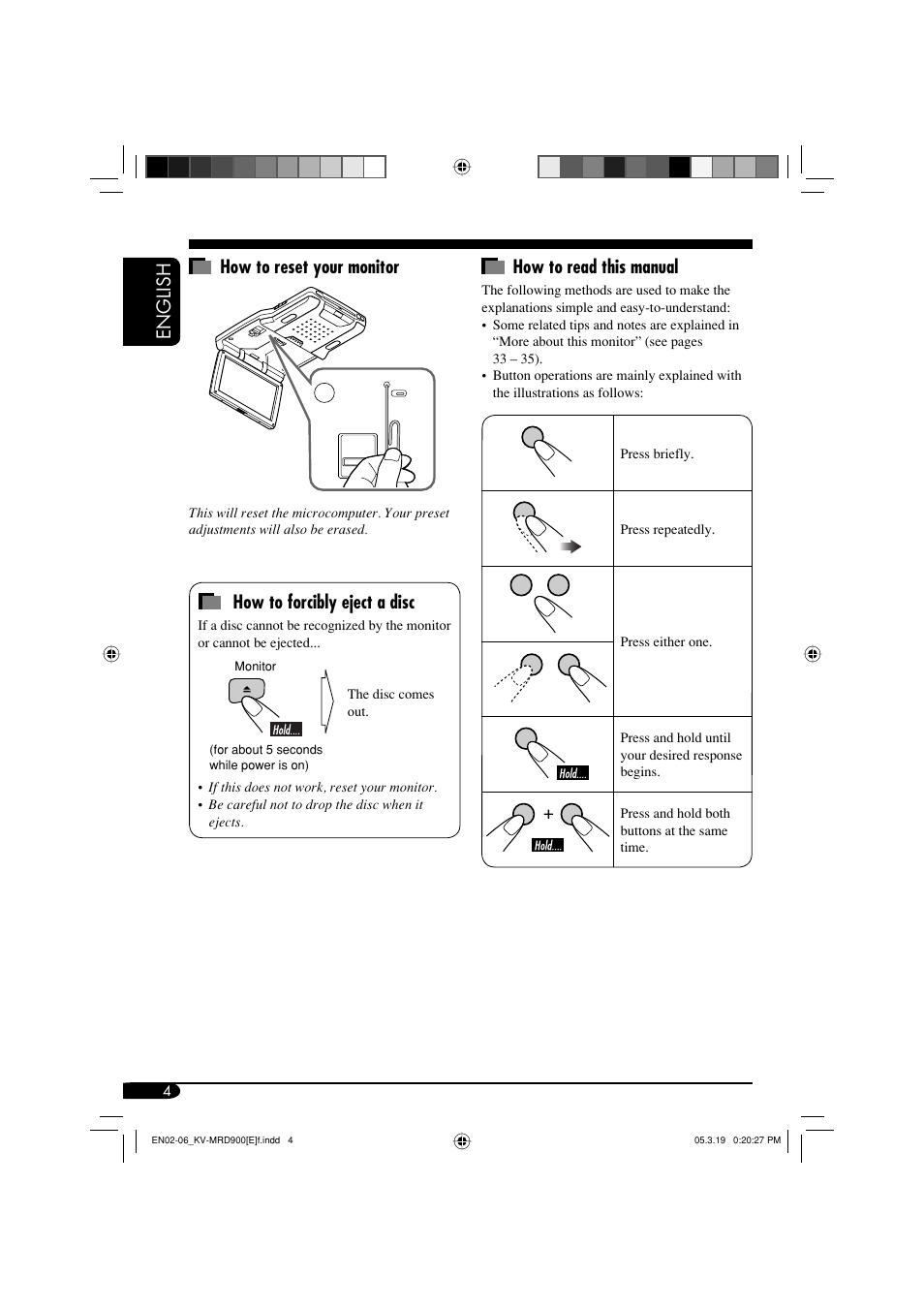 English how to read this manual, How to reset your monitor, How to forcibly eject a disc | JVC KV-MRD900 User Manual | Page 4 / 40