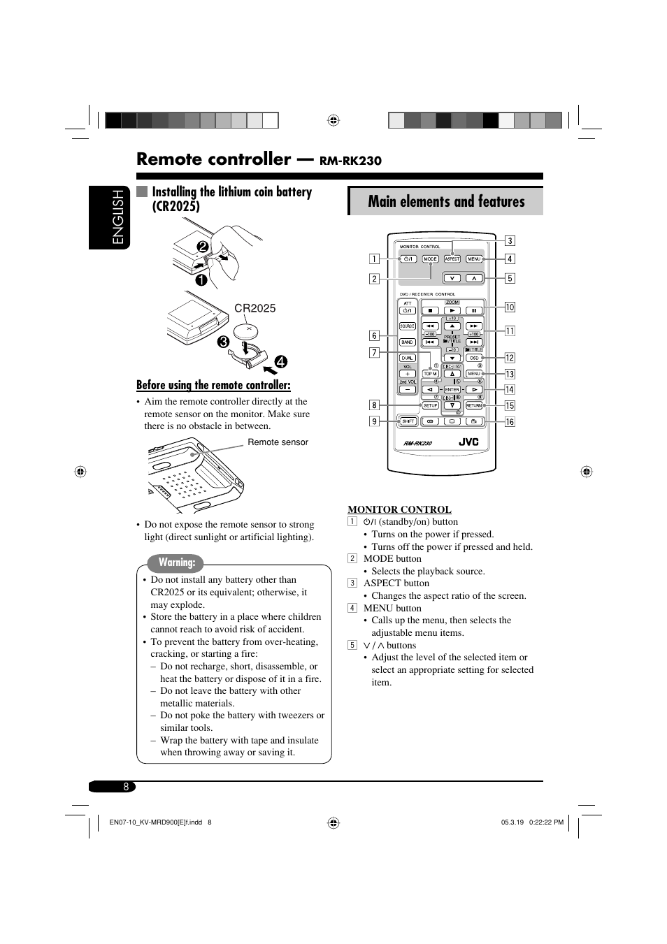 Remote controller, Main elements and features, English | Installing the lithium coin battery (cr2025) | JVC KV-MRD900 User Manual | Page 8 / 40