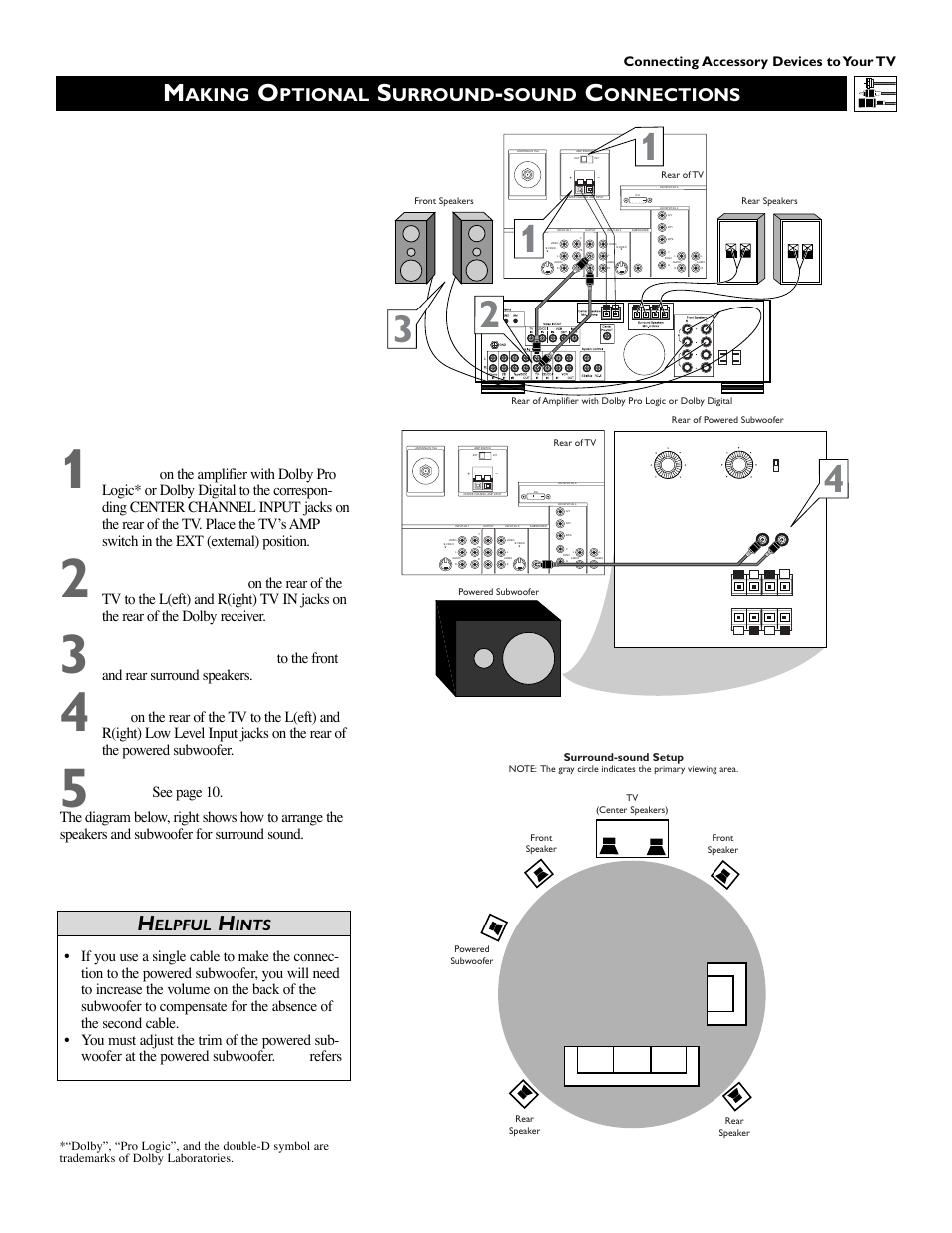 Aking, Ptional, Urround | Sound, Onnections, Elpful, Ints, Connecting accessory devices to your tv | Philips 55PW9383 User Manual | Page 11 / 72
