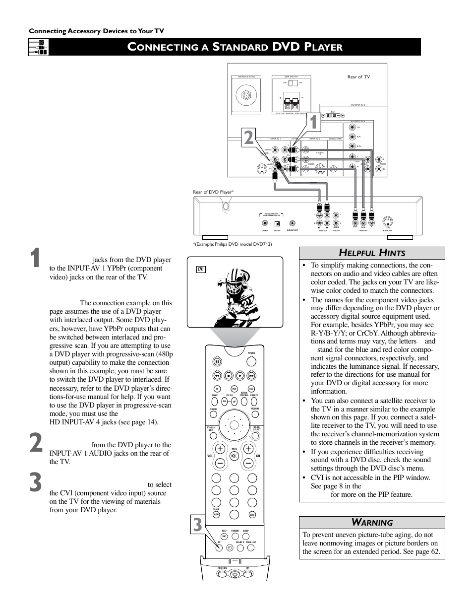 Dvd p, Onnecting a, Tandard | Layer, Elpful, Ints, Arning, Connecting accessory devices to your tv | Philips 55PW9383 User Manual | Page 12 / 72