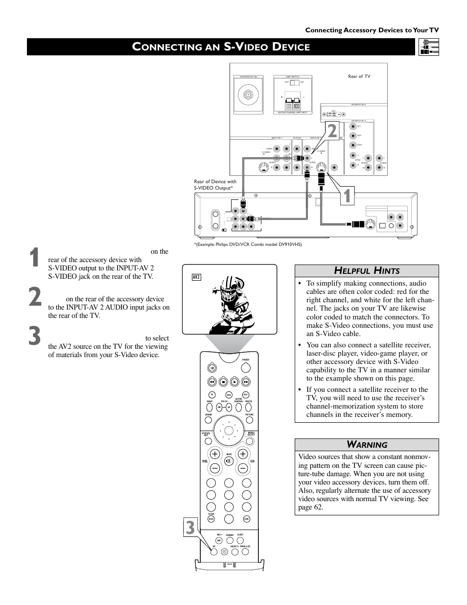 Onnecting an, Ideo, Evice | Elpful, Ints, Arning, Connecting accessory devices to your tv | Philips 55PW9383 User Manual | Page 13 / 72