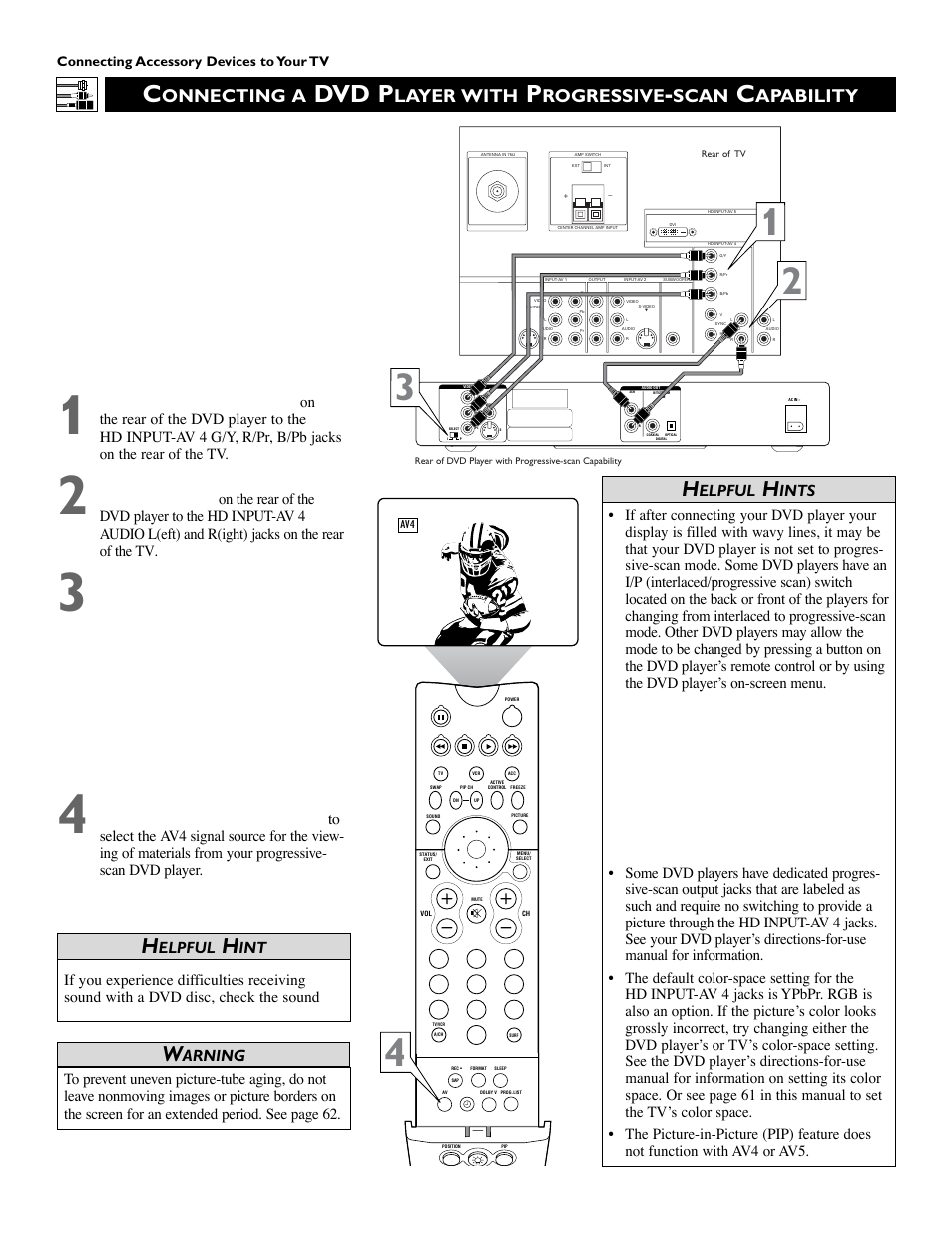 Dvd p, Onnecting a, Layer with | Rogressive, Scan, Apability, Elpful, Arning, Ints, Connecting accessory devices to your tv | Philips 55PW9383 User Manual | Page 14 / 72