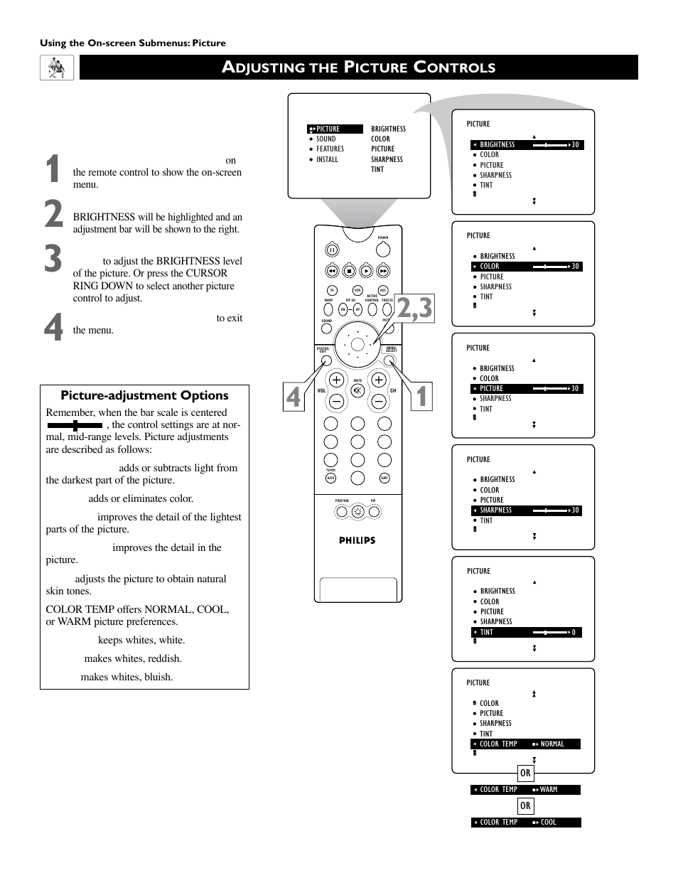Picture-adjustment options, Djusting the, Icture | Ontrols | Philips 55PW9383 User Manual | Page 30 / 72