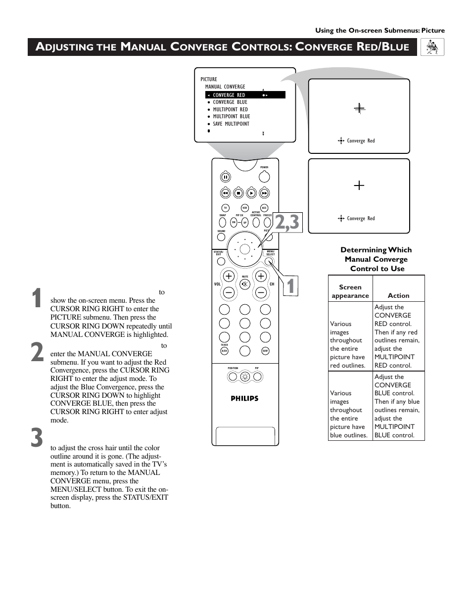 Djusting the, Anual, Onverge | Ontrols | Philips 55PW9383 User Manual | Page 33 / 72