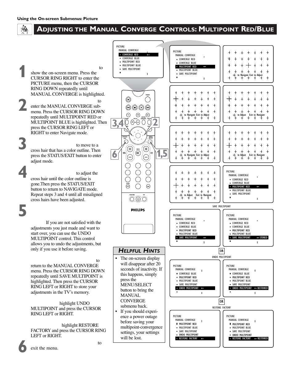 Djusting the, Anual, Onverge | Ontrols, Ultipoint | Philips 55PW9383 User Manual | Page 34 / 72