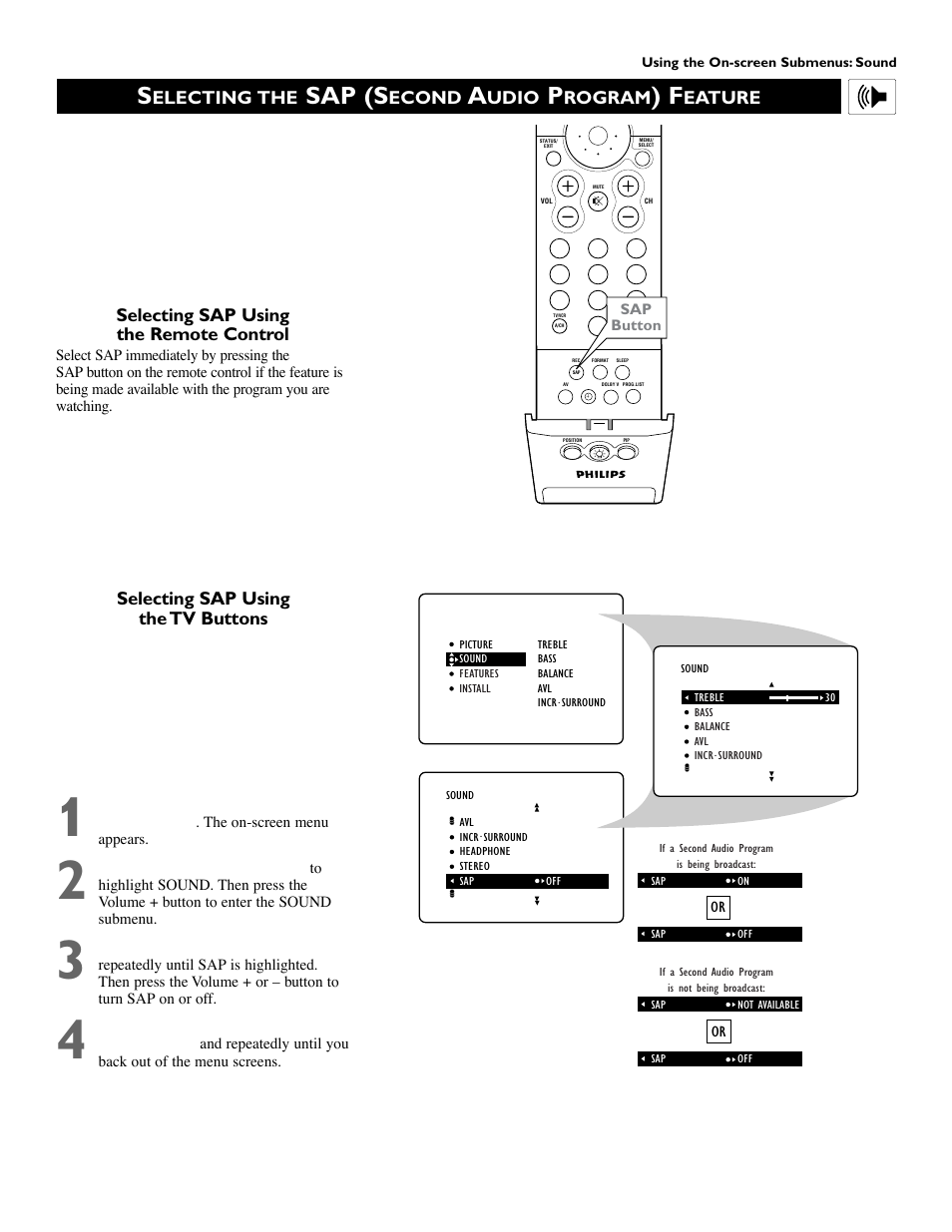 Sap (s, Electing the, Econd | Udio, Rogram, Eature, Selecting sap using the tv buttons, Selecting sap using the remote control | Philips 55PW9383 User Manual | Page 39 / 72