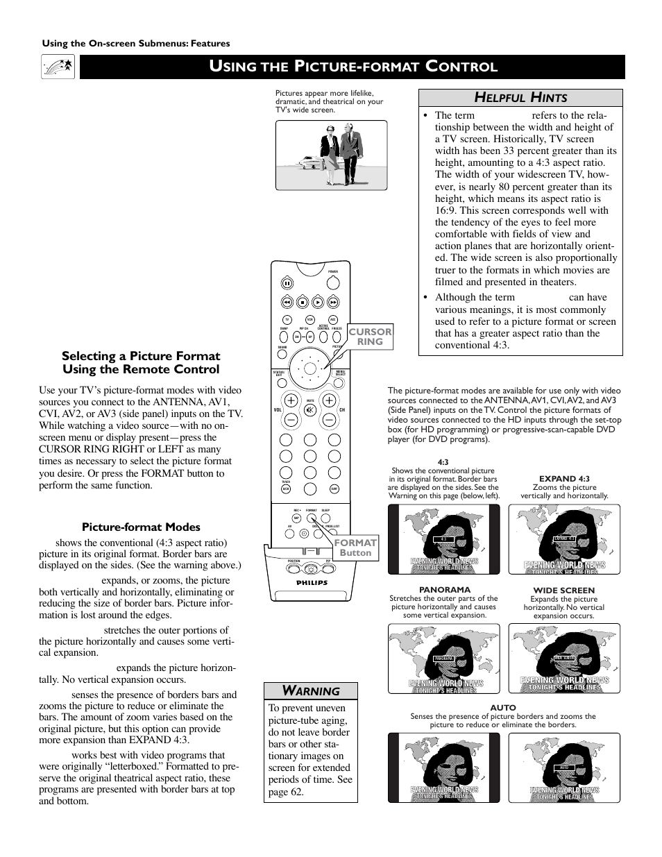 Sing the, Icture, Format | Ontrol, Picture-format modes, Elpful, Ints, Arning | Philips 55PW9383 User Manual | Page 56 / 72