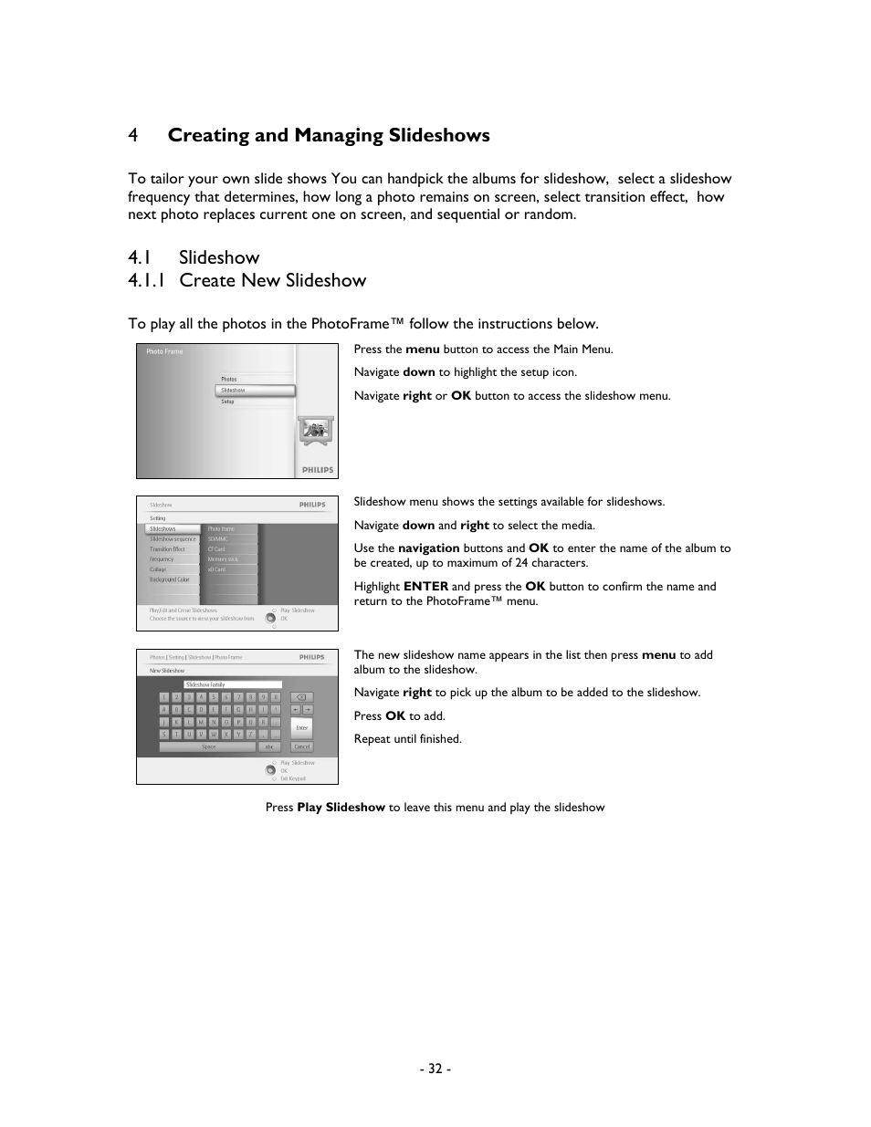 4creating and managing slideshows, 1 slideshow 4.1.1 create new slideshow | Philips 9FF2M4-37 User Manual | Page 33 / 86