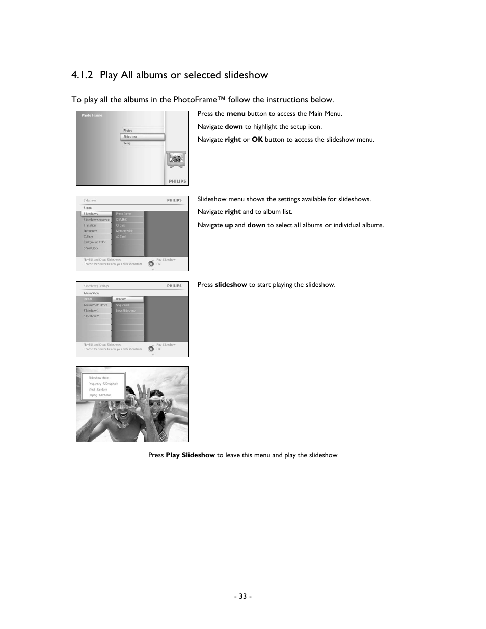 2 play all albums or selected slideshow | Philips 9FF2M4-37 User Manual | Page 34 / 86