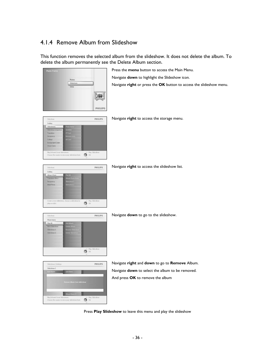 4 remove album from slideshow | Philips 9FF2M4-37 User Manual | Page 37 / 86