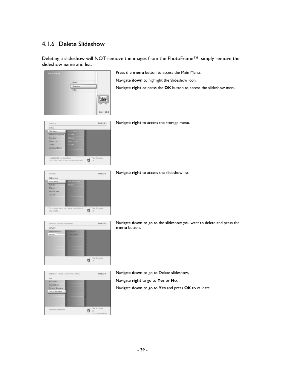 6 delete slideshow | Philips 9FF2M4-37 User Manual | Page 40 / 86