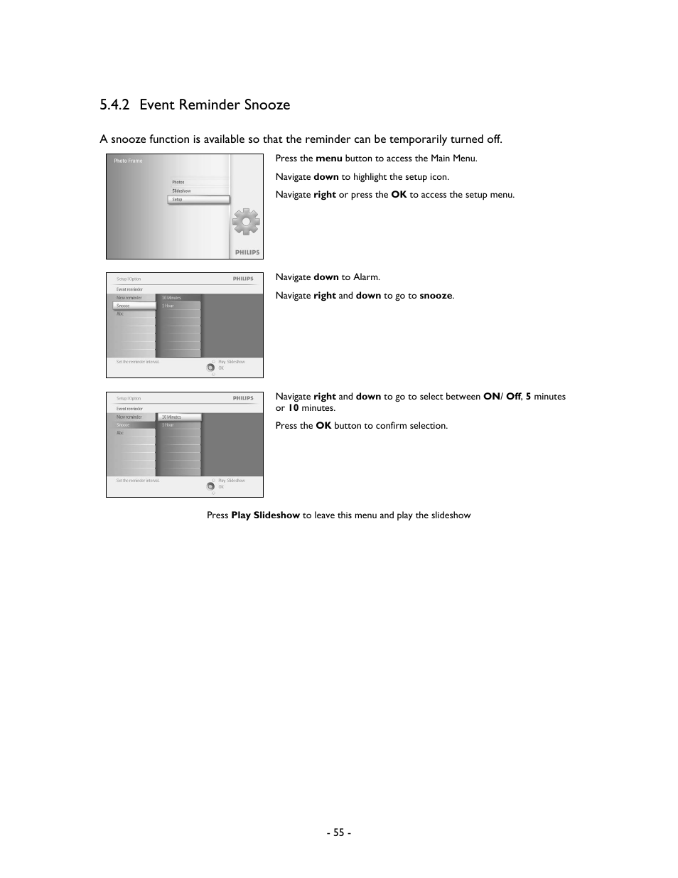 2 event reminder snooze | Philips 9FF2M4-37 User Manual | Page 56 / 86