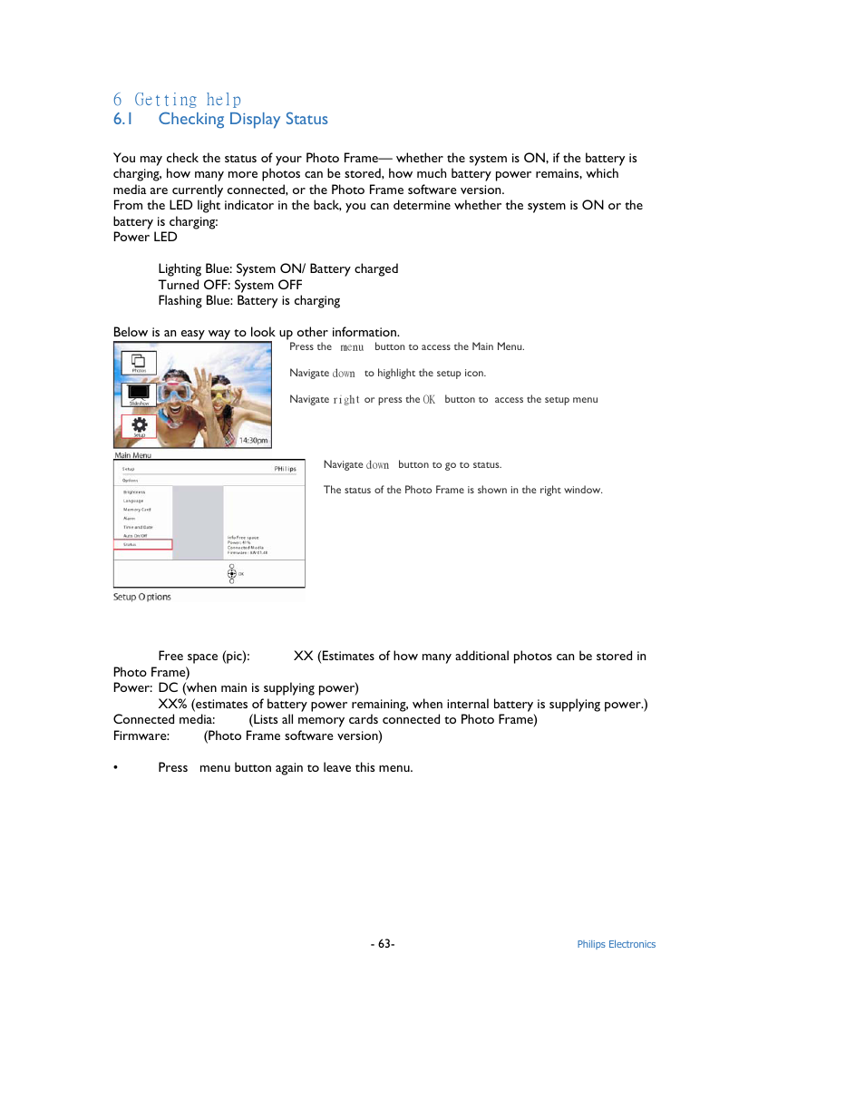 6 getting help 6.1 checking display status | Philips 9FF2M4-37 User Manual | Page 64 / 86