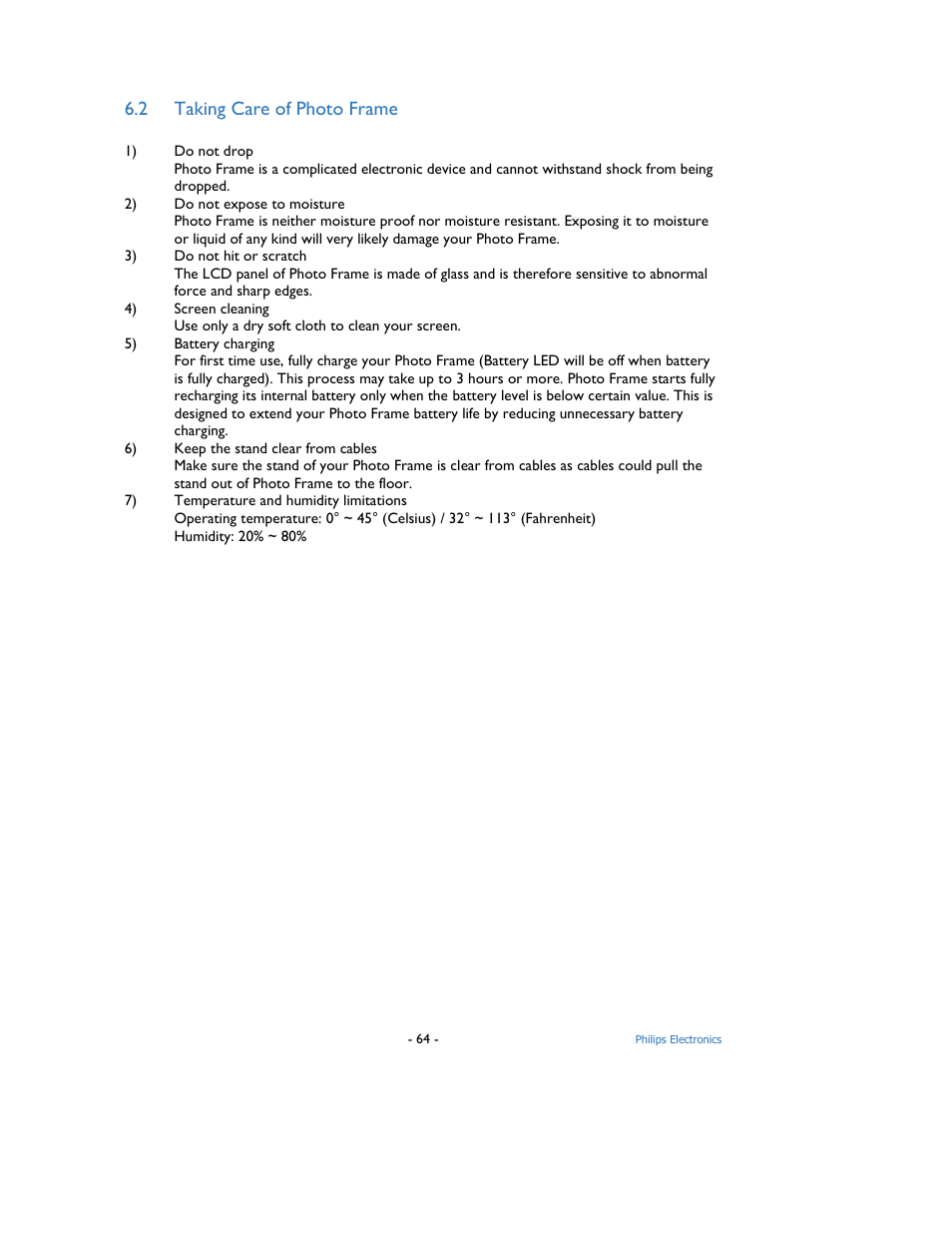 2 taking care of photo frame | Philips 9FF2M4-37 User Manual | Page 65 / 86