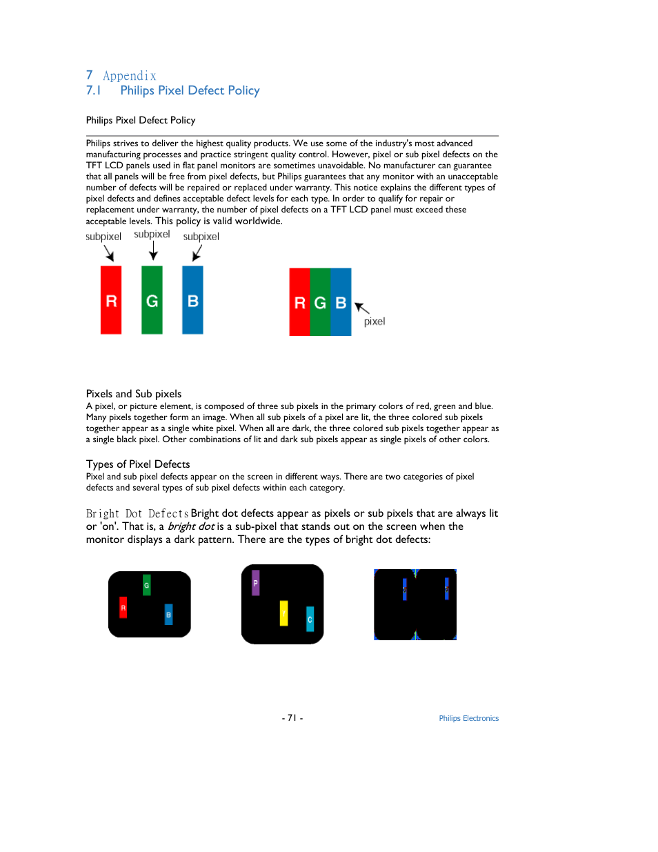 7 appendix 7.1 philips pixel defect policy | Philips 9FF2M4-37 User Manual | Page 72 / 86